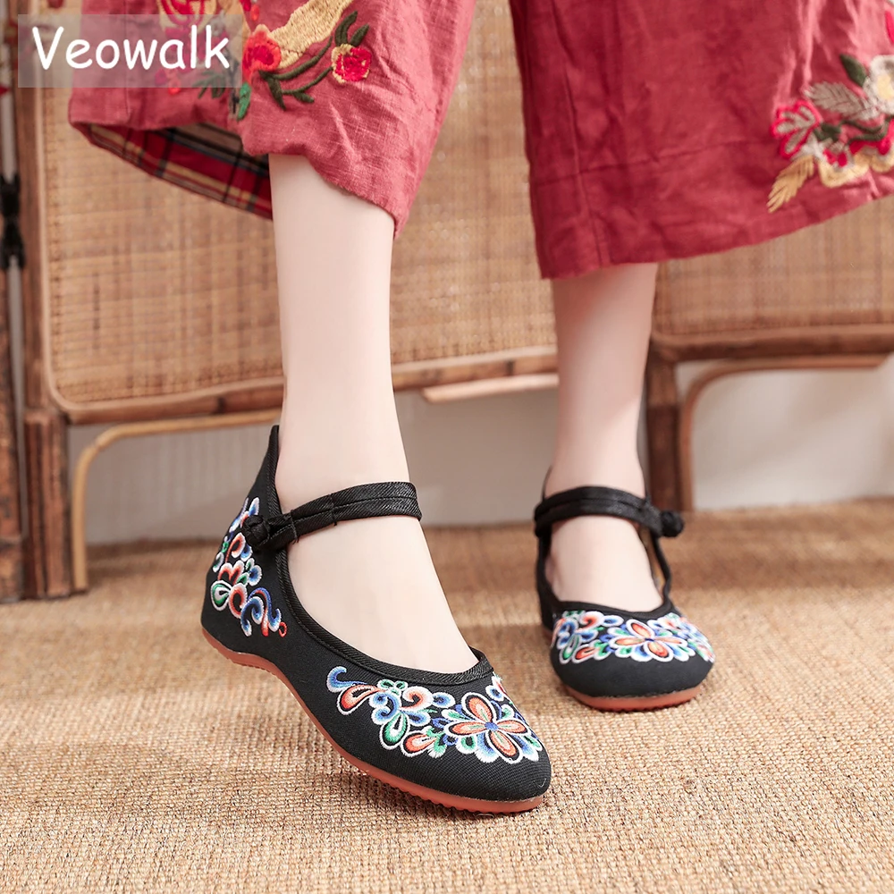 Veowalk Vintage Embroidery Women Cotton Mary Jane Flat Shoes Comfortable Ladies Walking Ballerinas Large Size 10 11 Black Blue