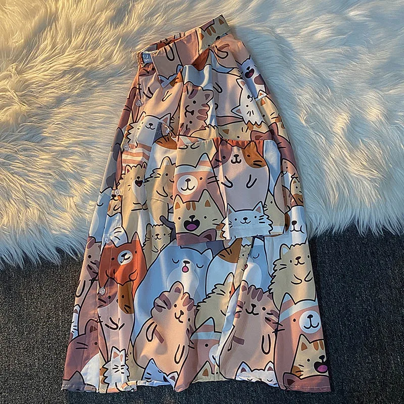 Summer Women Street Fashion Turn Down Collar Half Sleeve Shirt Blouse Cute Full Cat Print Loose Casual Blosues Kawaii Tops