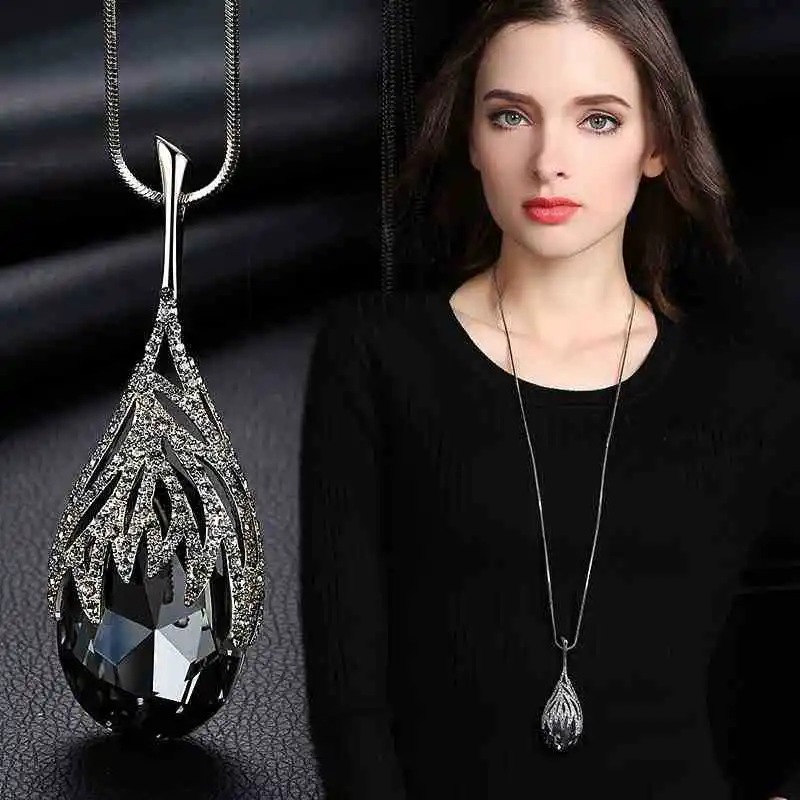 Big Water Drop Pendant Long Necklace For Women Geometric All Match Sweater Jewelry