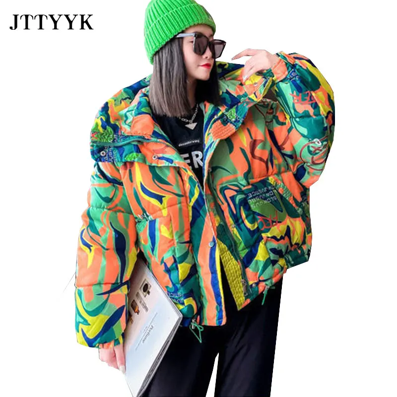 Warme Winter Donsjack Vrouwen 2024 Graffiti Print Mode Capuchon Korte Parka Meisjes Dikke Streetwear Hiphop Gewatteerde Jas Dames