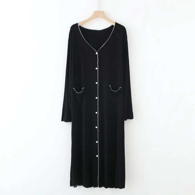 Casual Loose V Neck Sleepwear Female Night Dress Modal Cardigan Nightwear Long Sleeve Spring Autumn Women Nightgowns Pocket