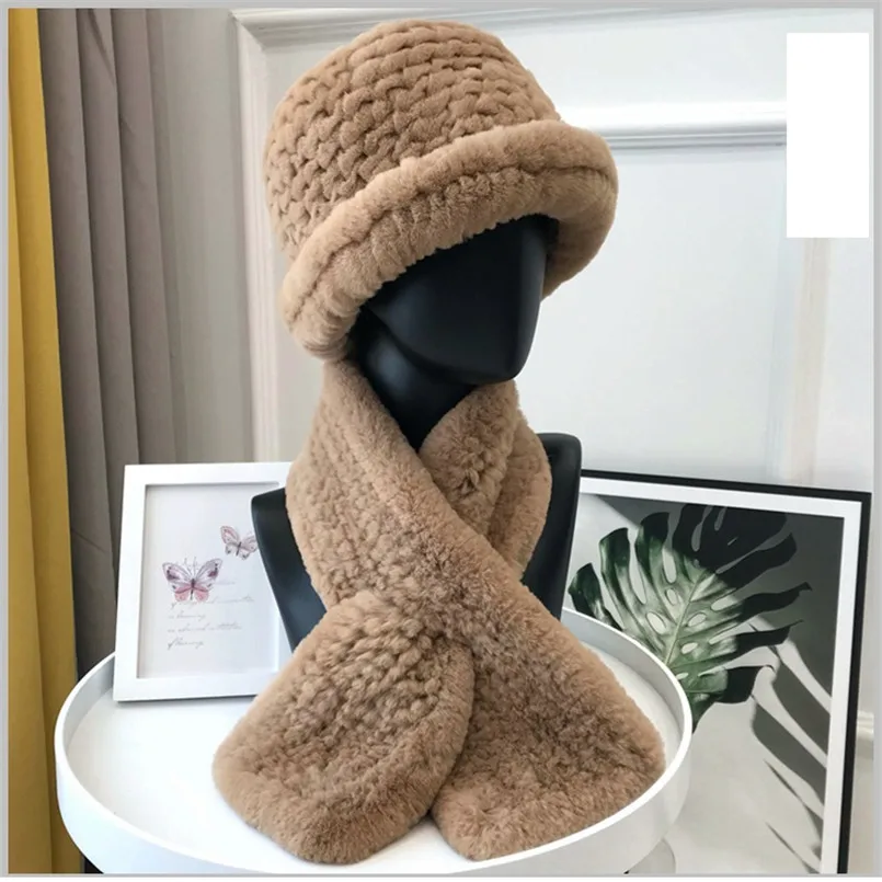 Ladies Real Rex Rabbit Fur Scarf Bucket Hat Set Winter Women Warm Fur Muffle Cap Wraps