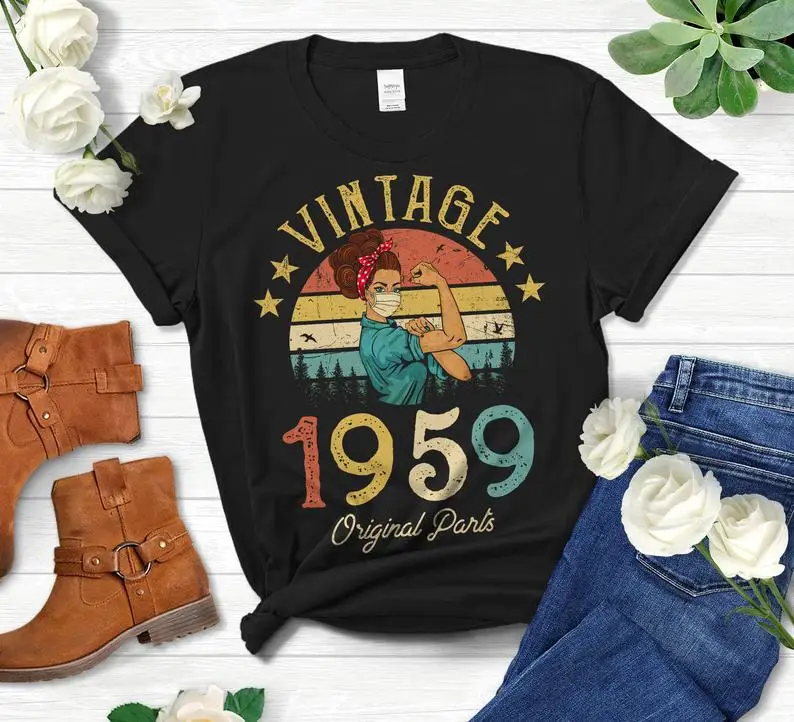 Vintage 1959 Original Parts Retro with Mask Quarantine Edition T-Shirt Funny 62st Birthday Gift Idea for Women Mom Wife  Friend