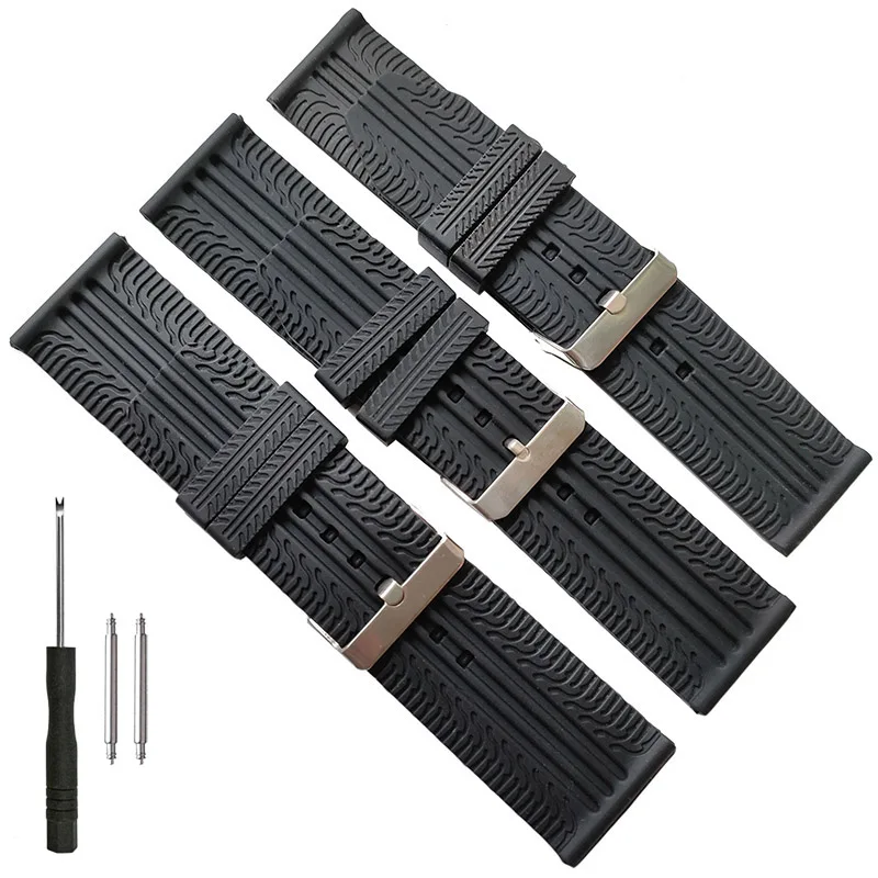 26mm 28mm 30mm Silicone Rubber Watch Band Thin Tire Track Sports Style Strap for Fashion Casual Mens Watches Black