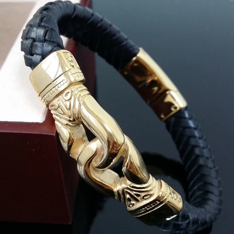 Black Weaving Leather Gold Handcuff Men Bracelet 316L Stainless Steel Magnetic Clasp Men Hip Hop Steel Germanium Bracelet