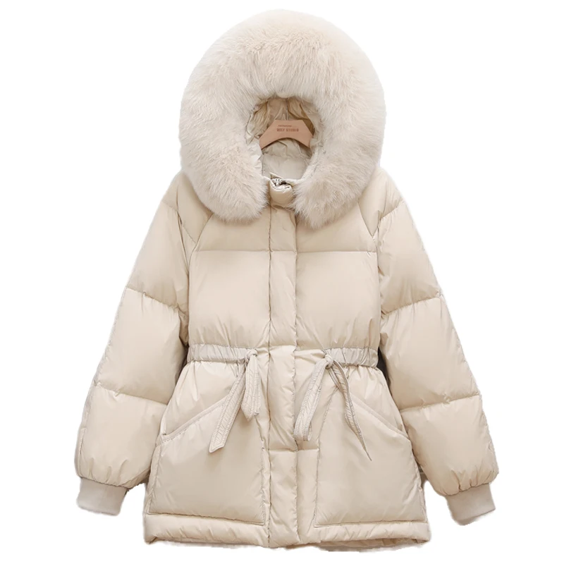 

Winter Warm Thicken 90% White Duck Down Jackets Fashion Slim Women Fox Big Fur Collar Short Down Coats Draw String Female Parkas