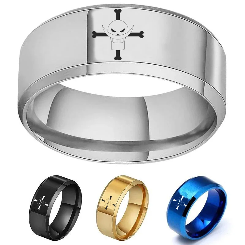 Aroutty 8mm Black One White Beard Rings Piece Anime Stainless Steel Ring For Women Men Rings Amime Fans Jewelry Accessories