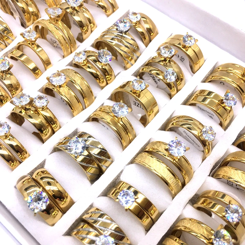 Imagem -05 - Banhado a Ouro Anéis de Strass para Homens e Mulheres em Superior Jóias de Casamento Atacado 36 Pares 72 Pcs Aço Inoxidável