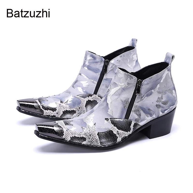 

Batzuzhi Grey Party/Wedding Botas Hombre 6.5cm High Heels Men Boots Shoes Pointed Metal Toe Genuine Leather Ankle Boots Men