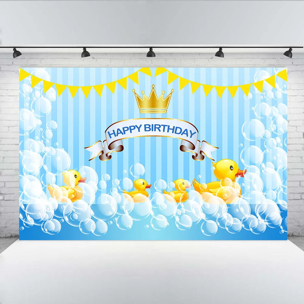 Duck Happy Birthday Backdrop for Photography Blue Water Gold Crown Cartoon Birthday Party Background Decor Banner Photo Studio