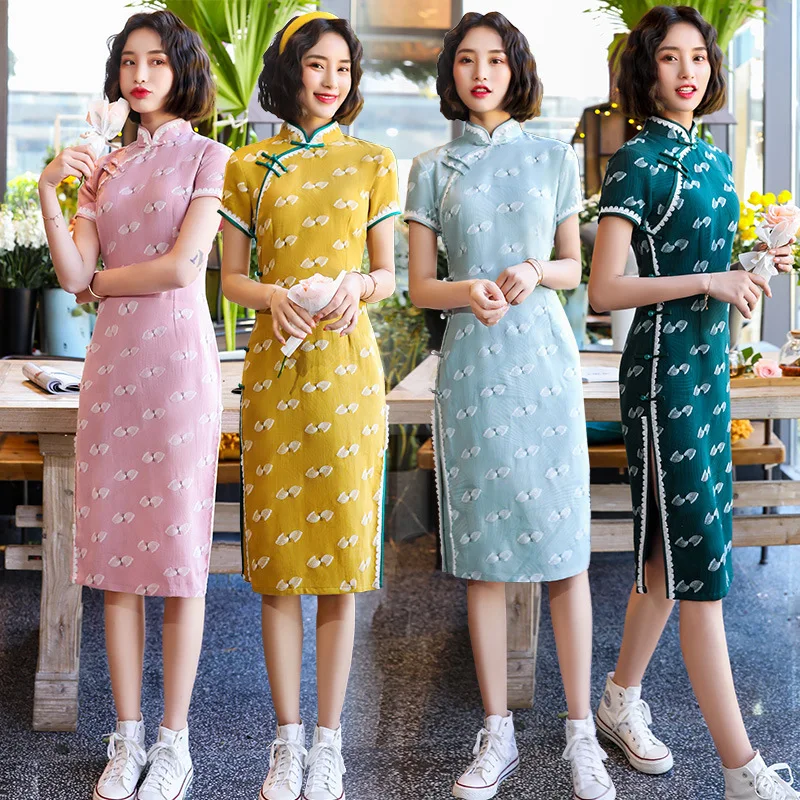 

2020 Spring And Summer New Cotton And Linen Cute Girl Retro Lace Edge Sexy Daily Slim Mid-Length Cheongsam Dress Female Qipao