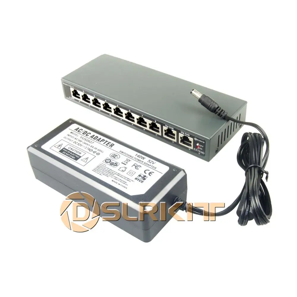 DSLRKIT 250M 9 Ports 8 PoE 2 Uplink Injector Switch Splitter Kit for 12V DC CCTV IP Camera Max