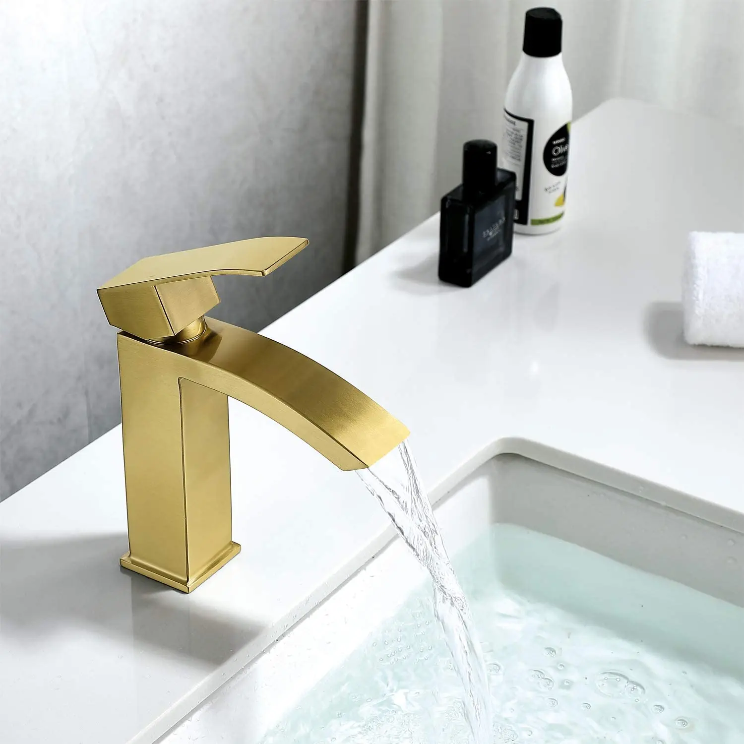 

Top quality Brushed Gold Waterfall Bathroom sink Faucet Modern Single Hole Bathroom Sink Faucets Stainless Steel Vanity Faucet