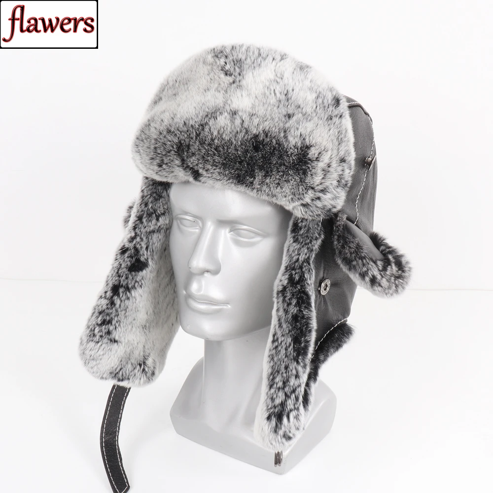 

New Russian Men Winter Real Rex Rabbit Fur Bomber Hats Man Warm Fluffy 100% Natural Fur Hat Male Real Sheepskin Leather Caps