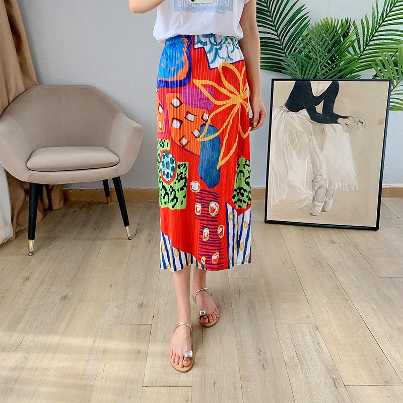 

Pleated Print Skirt High Waist Medium Length Skirt With Split Sides Showing Thin Pleated Skirt