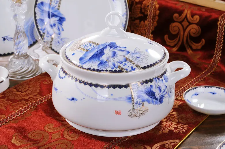 Guci Jingdezhen Ceramic tableware 56 head bone china tableware set double ear pot high foot bowl version gift