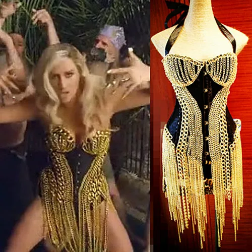 Girly Bodysuit Stage Show Costume Modern dance Sexy Female Costume Ke ha mv Gold Chain Tassel Corset Top Women Singer Clothing