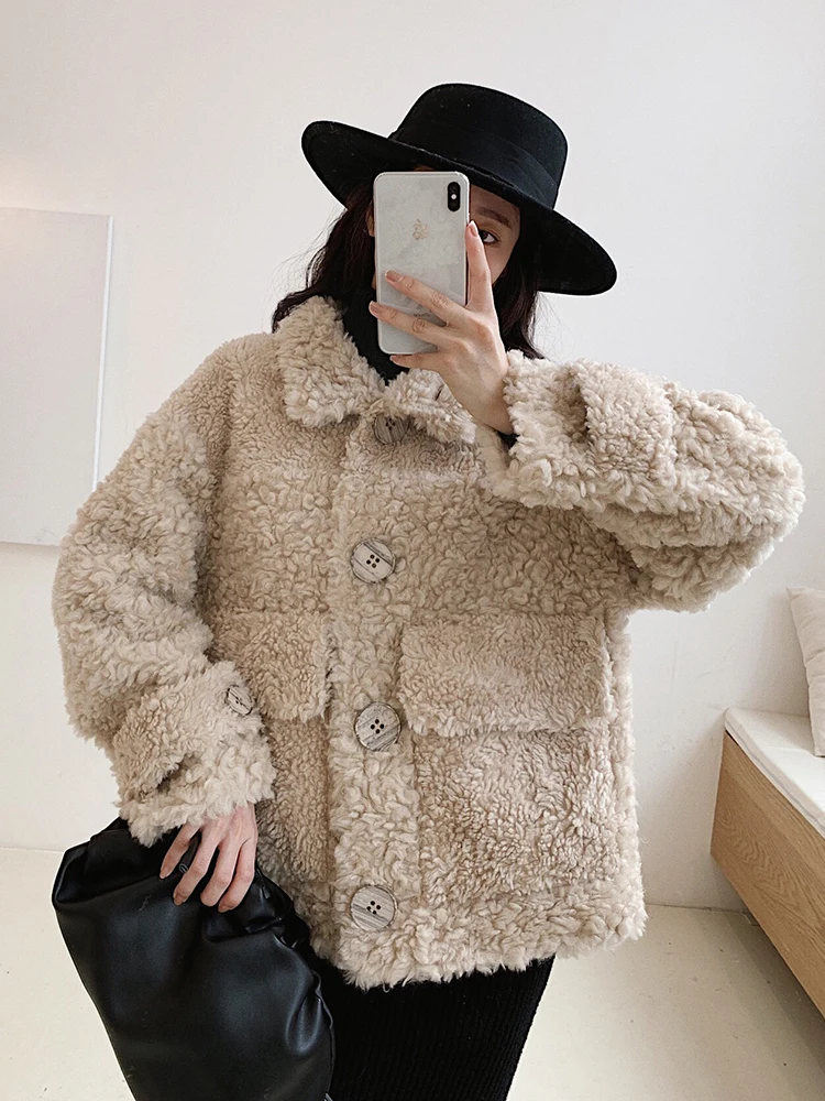 100% Sheep Shearling Real Fur Coat Winter Wool Coats and Jackets Women Clothes 2020 Korean Long Jacket W2135