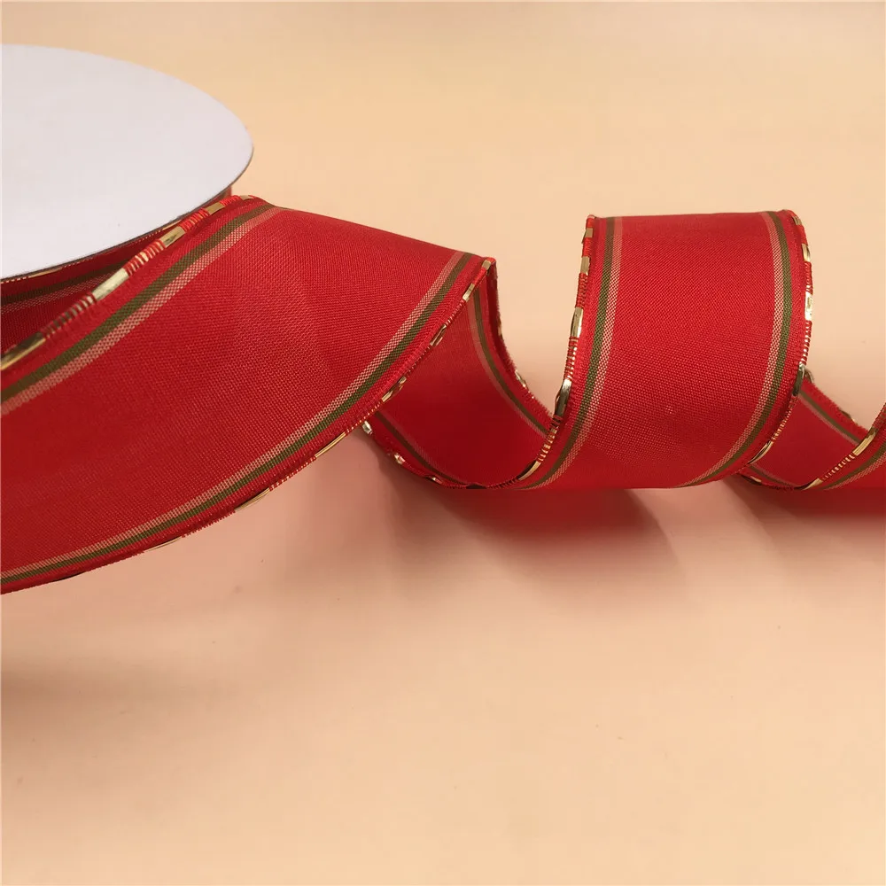 38mm 25Yards Christmas Ribbon Festival Wired Red Strip Webbing With Gold Thread For Decoration New Year Gift Wrapping  1-1/2