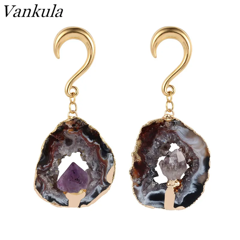 Vankula Natural Stone Ear Plugs Tunnel Stainless Steel Ear Hook Piercing Ear Weight Hangers Pair Selling