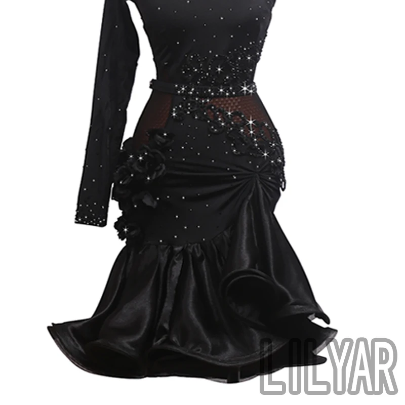 New Latin dance dress competition dress dress performance dress adult custom black rose oblique shoulder dance dress