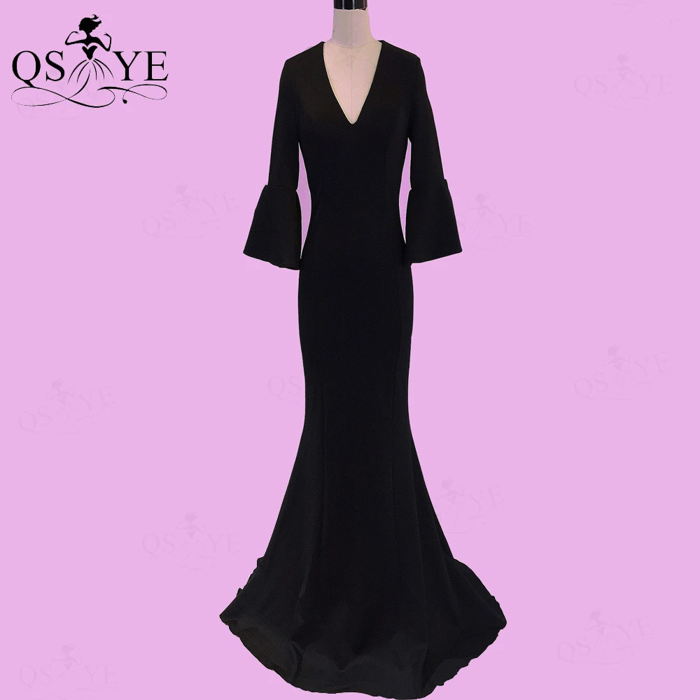 

Black Mermaid Evening Dresses Elastic Flare Long Sleeves Prom Gown Deep V Neck Formal Party Gown Decent Plain Vintage Gown