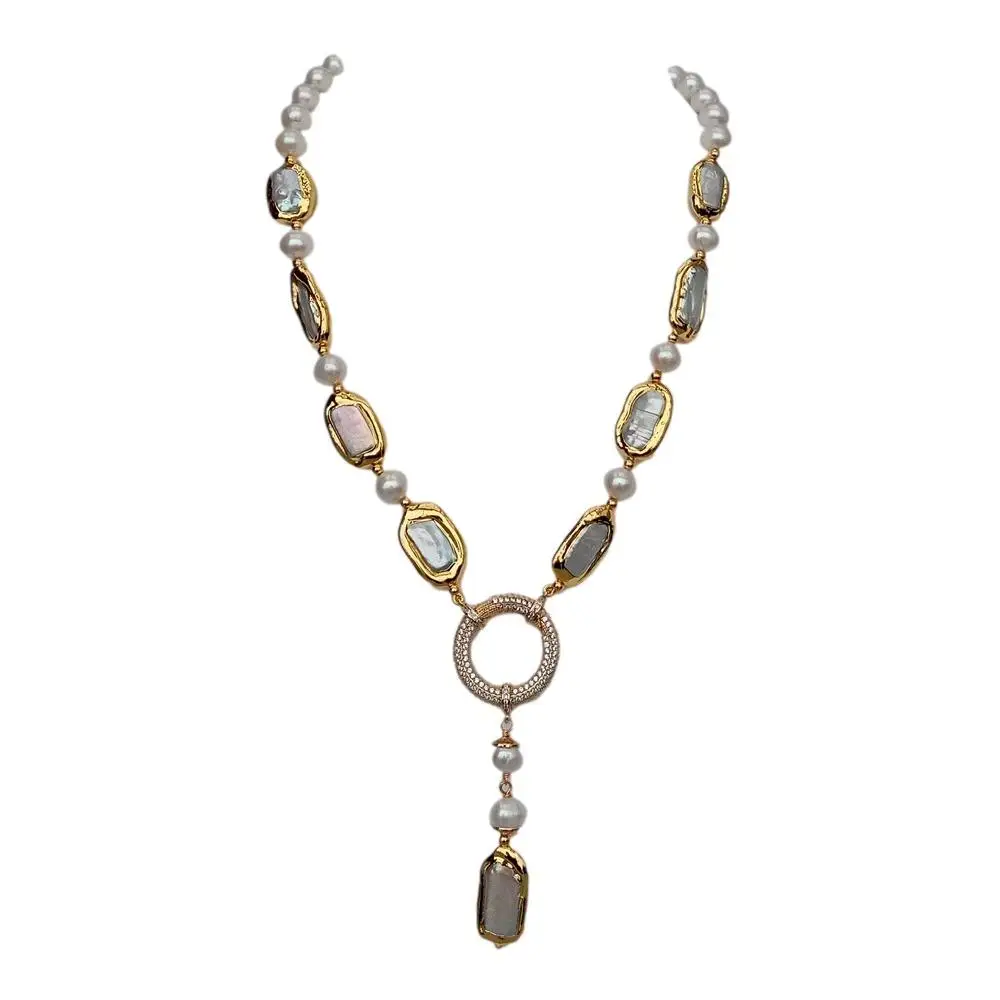 YYGEM natural 8-9mm Round Rectangle Cultured White Biwa Pearl  Round  Freshwater Pearl Y-Drop Necklace 18.5\