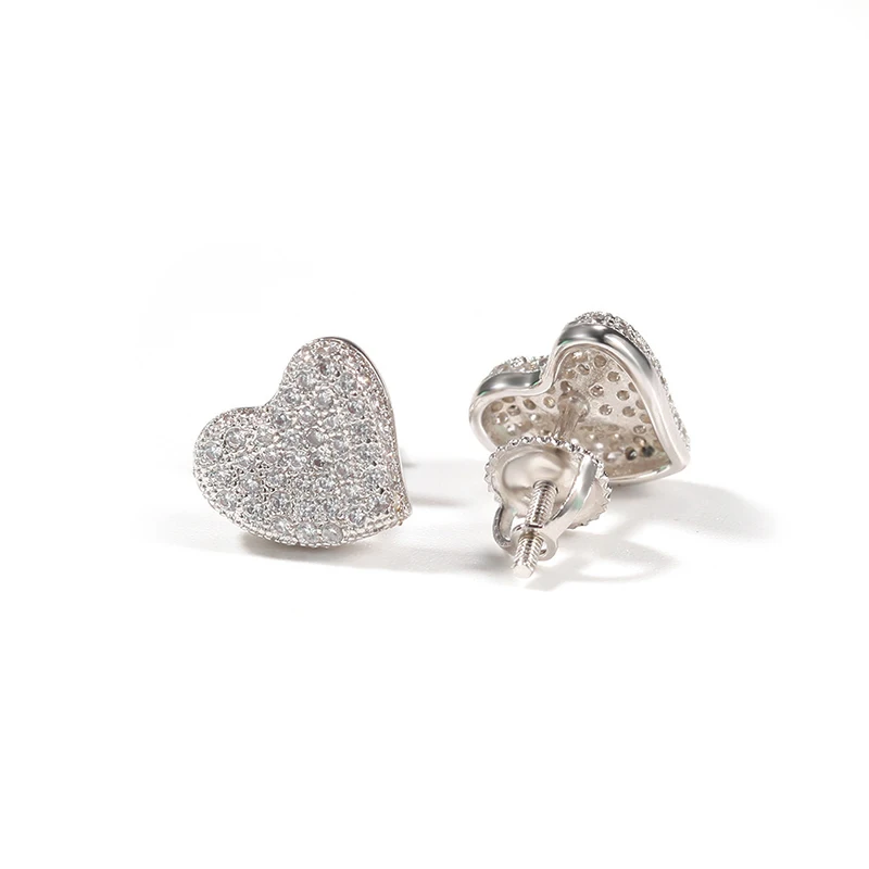 

1Pair S925 Sterling Silver Heart Stud Earrings AAA CZ Stone Paved Bling Ice Out Hip Hop Earrings for Women Men Unisex Jewelry