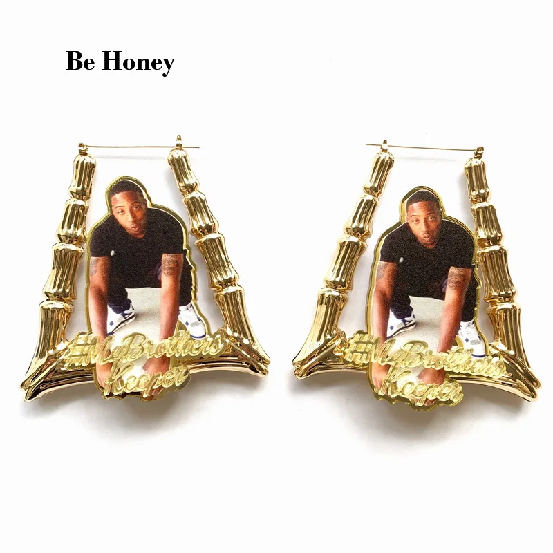 Hip-hop Customized Picture With Words Trapezium Shape Bamboo Style Acrylic Earrings Personalized Photo Name Letters Jewelry Gift