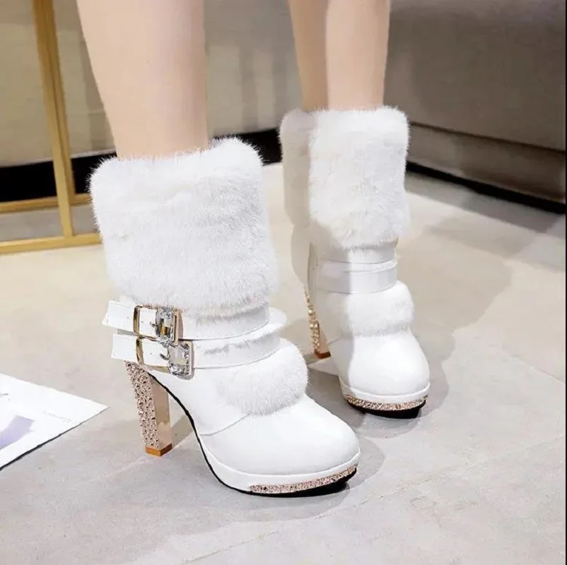 Women High Quality White Pu Leather Side Zipper High Heel Boots Botas Femininas Lady Classic Winter Warm Fur Boots Bottes G2848