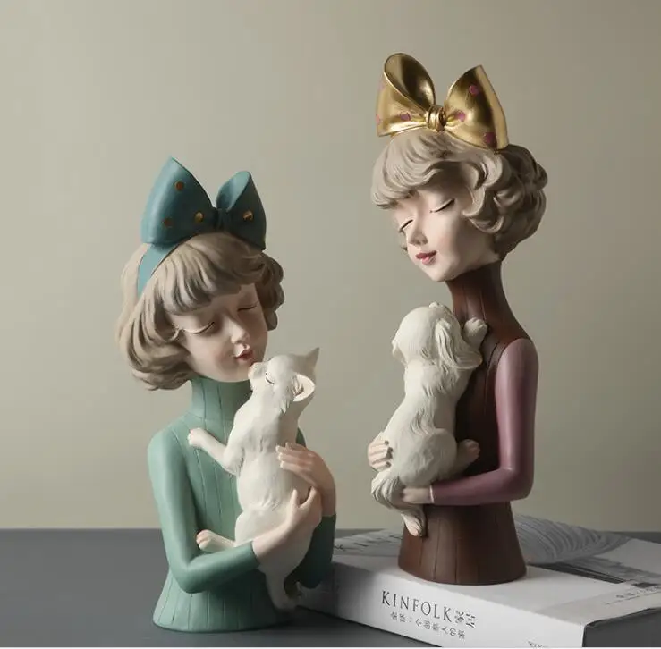 Semplice ragazza carina abbraccio cane gatto statue in resina accessori arredamento per la casa decorazione artigianato tavolo da caffè scultura