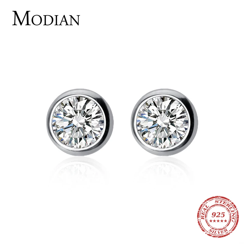 

Modian Classic Dazzling Clear CZ Round Studs Earring for Women Fashion 925 Sterling Silver Wedding Engagement Statement Jewelry