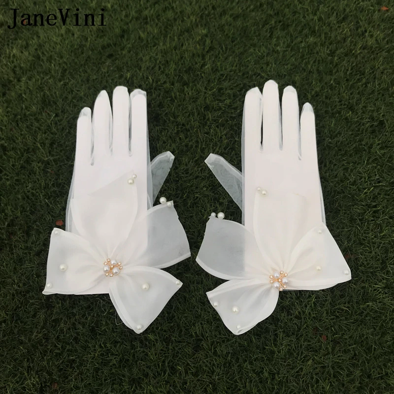 JaneVini – gants de mariée en Tulle transparent pour femmes, élégants, longueur au poignet, blancs, avec perles, pour robe de soirée de mariage, nouvelle collection