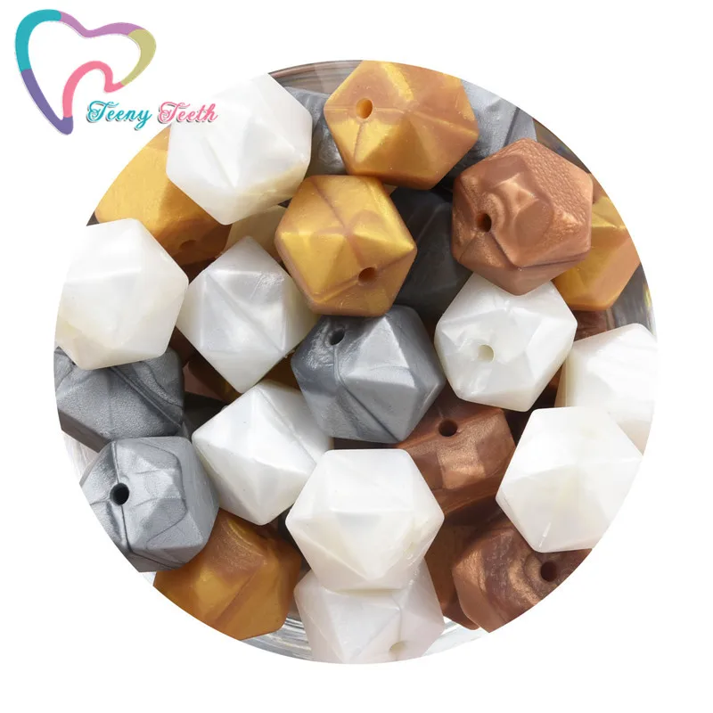 

Teeny Teeth 50 PCS 14-17 MM Metallic Colors Mix Silicone Geometric Hexagon Beads Teething DIY Nursing Necklace Accessories