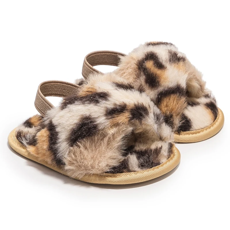 Jlong Faux Fur Slides Sandals Newborn Non-Slip Shoes Baby Girls Leopard Plush Sandals Indoor Outdoor Infant Slippers 0-18M