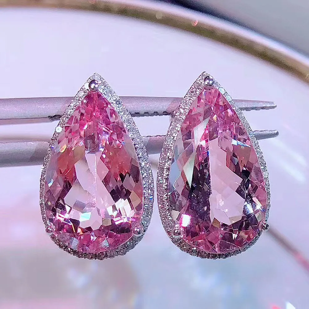 Luxury water drop pink crystal zircon diamonds gemstones stud earrings for women white gold silver color jewelry brincos party