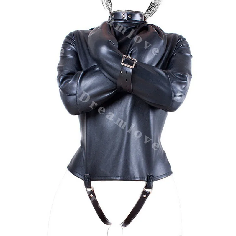 Unisex Soft Faux Leather Max Security Straitjacket with Crotch Strap Straight Jacket Adult Slave Bondage Gear