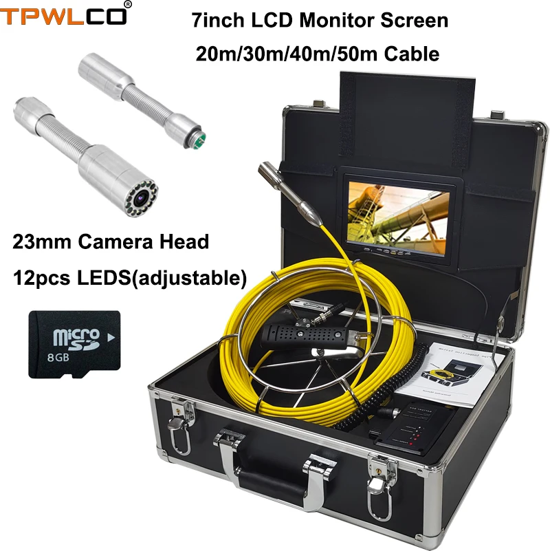 

TPWLCO 7inch Sewer Pipe Inspection Video Camera 8GB SD Card With DVR 20-50m 23mm Waterproof Drain Industrial Endoscope System