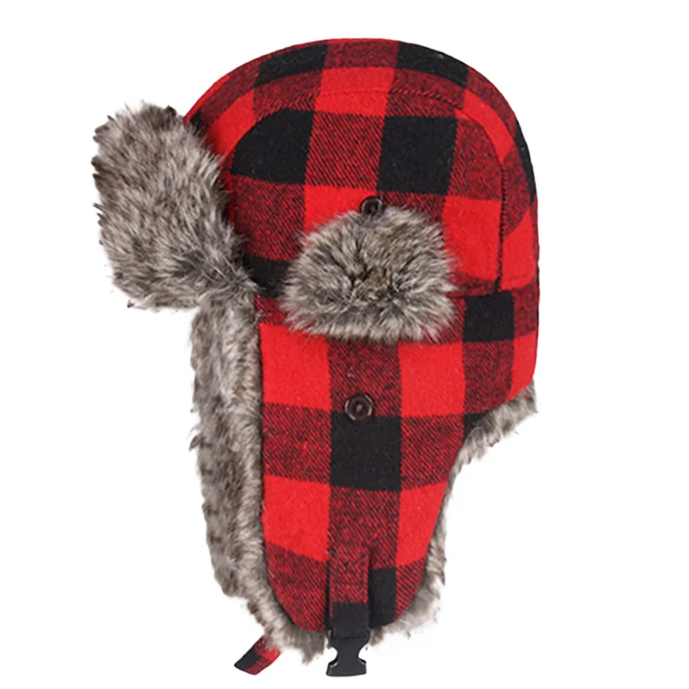 Winter Hats for Mens Bomber Hat Fur Red Warm Earflap Cap Windproof Women Thicker Plaid Russian Ushanka Lei Feng Hat Ski Snow Cap