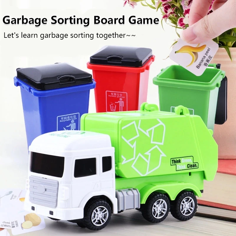 

learning garbage classification Garbage Truck Car City Cleaner Sanitation Car With rash Can Card Flashing Light Kid Learning Toy