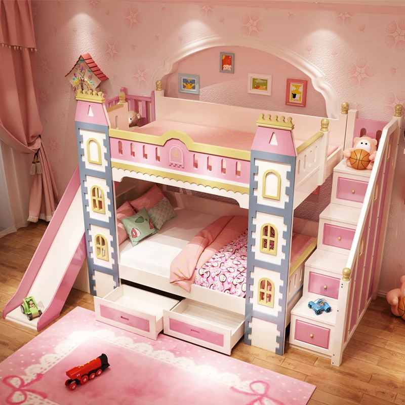 Children's beds girls boys bunk beds bunk beds solid wood bunk beds slide all solid wood castle multifunctional bed