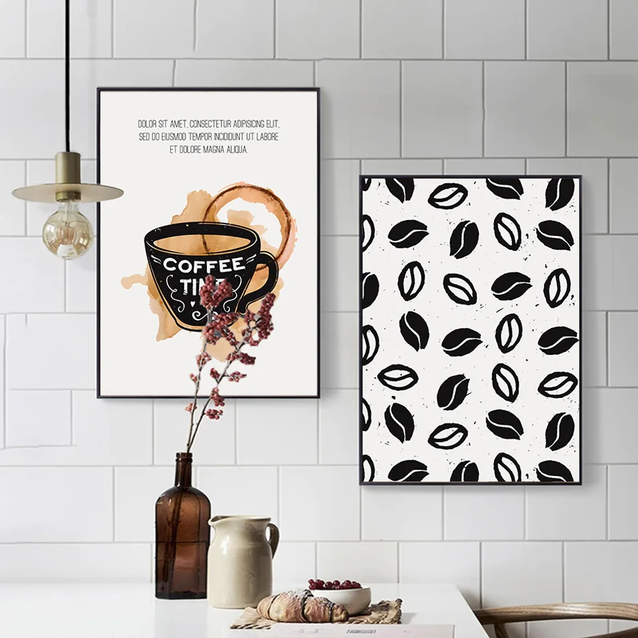 Modern Black and White Coffee Cup Coffee Beans Canvas Painting Wall Art Prints Poster Picture Coffee Shop Home Interior Decor