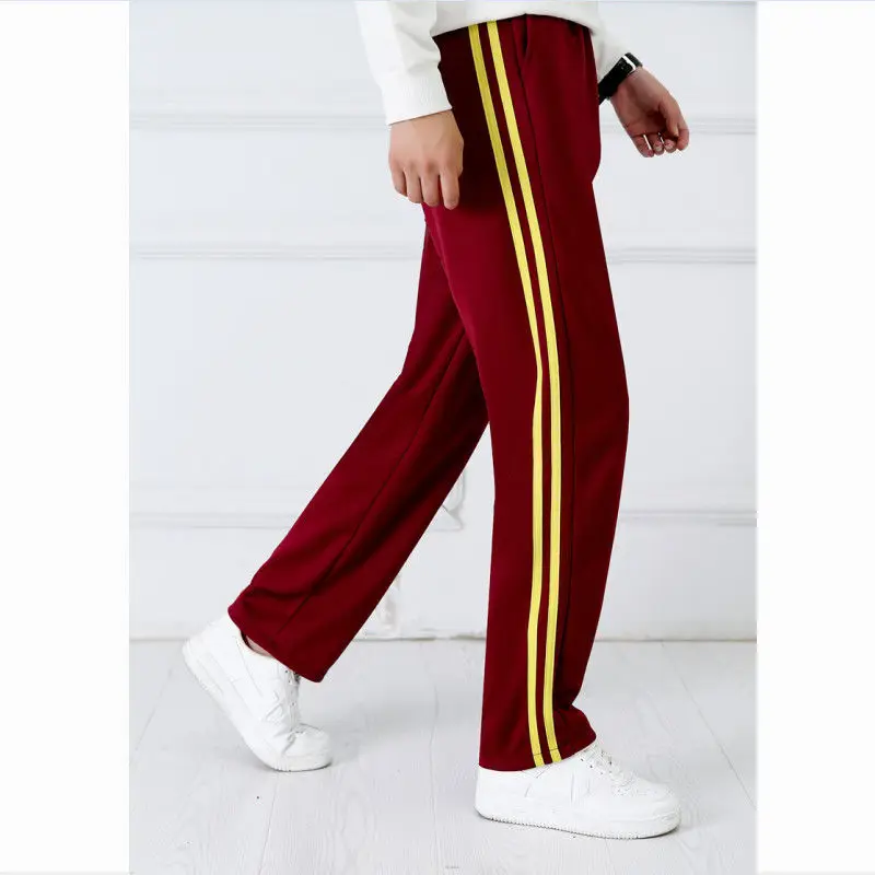 Wine red Unisex New Track Pants Casual Sweatpants mens Striped Bastic Trousers Straight Pants Joggers Simple Work Pants