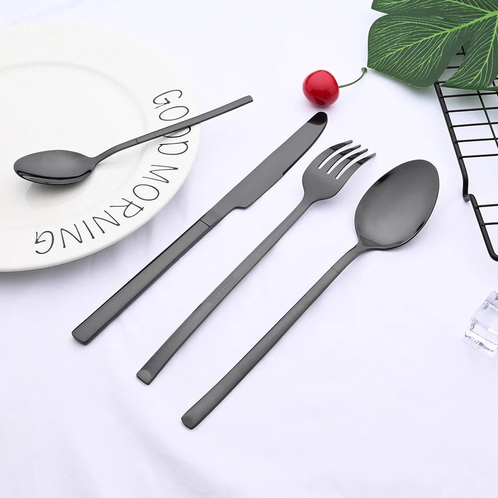 24Pcs Mirror Black Cutlery Set Home Knife Fork Spoon Dinner Tableware Stainless Steel Dinnerware Kitchen Flatware Silverware Set