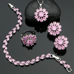 925 Sterling Silver Bridal Jewelry Sets For Women Pink Flower Cubic Zirconia Stud Earrings/Pendant/Necklace/Ring/Bracelet Set