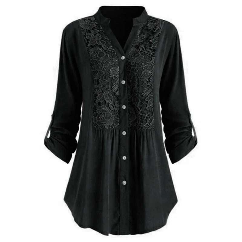 Women Solid Color Lace Splicing Single Breasted Casual Shirts Stand Collar Button Long Sleeves Loose Cotton Clothing