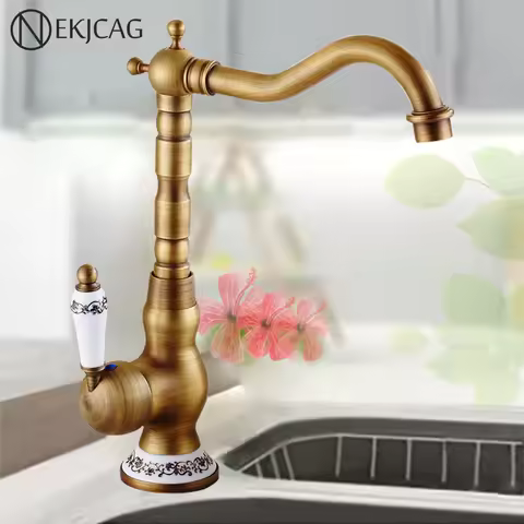 Best Quality Brass Antique Single Ceramic Handles 360 Rotation Kitchen Bathroom Sink faucet Deck Mounted with Pop Up Drain