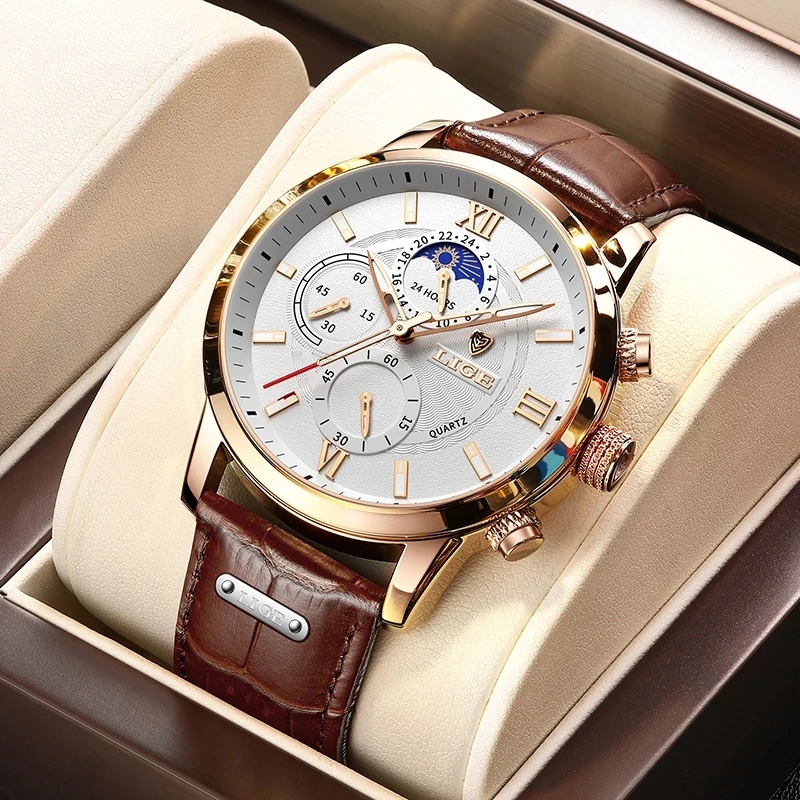 LIGE New Brown Leather Watches Mens Top Brand Luxury 24Hour Moon Phase Men Watch Sport Chronograph Waterproof Date Quartz Clock