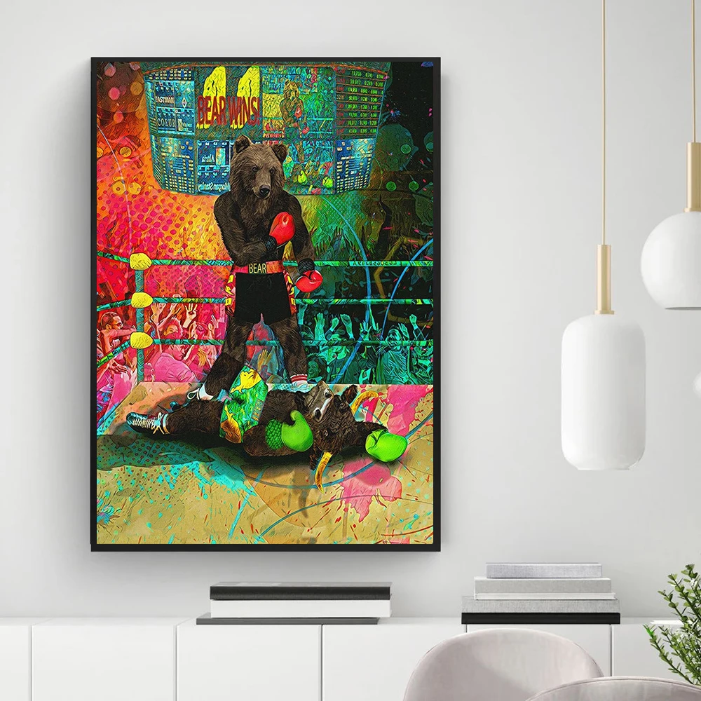 To The Moon Animals Graffiti Cattle Bear Boxing Canvas Prints Paintings Bull Money Art Wall Pictures for Living Room Home Decor