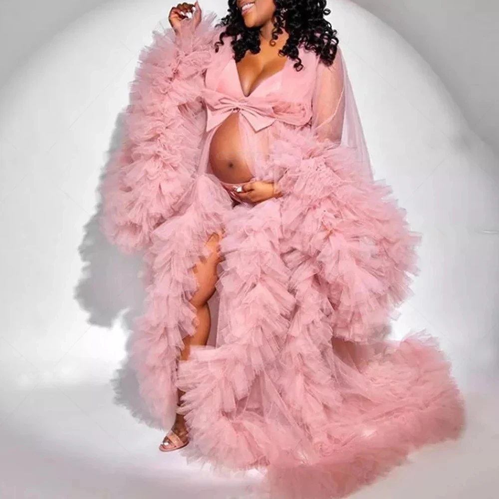 Vintage Tulle Robe Sheer Tulle See Through Long Pink Dressing Fluffy Maternity Dress Photoshoot Evening Gowns